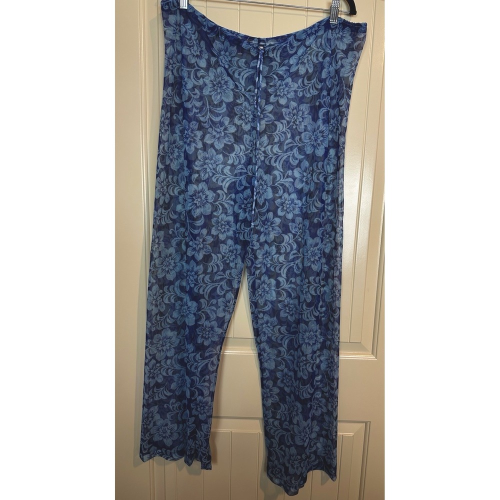 Cherokee Sheer Mesh Blue Floral Coverup Pants Tropical Hawaiian drawstring sz XL